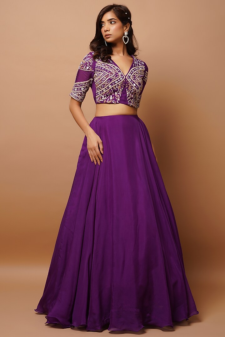 Dark Purple Heavy Crepe Wedding Lehenga Set by AHI CLOTHING at Pernia's Pop Up Shop