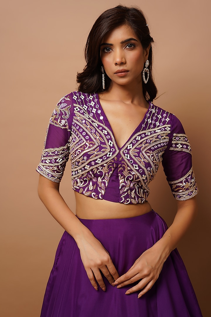 Dark Purple Heavy Crepe Wedding Lehenga Set by AHI CLOTHING at Pernia's Pop Up Shop