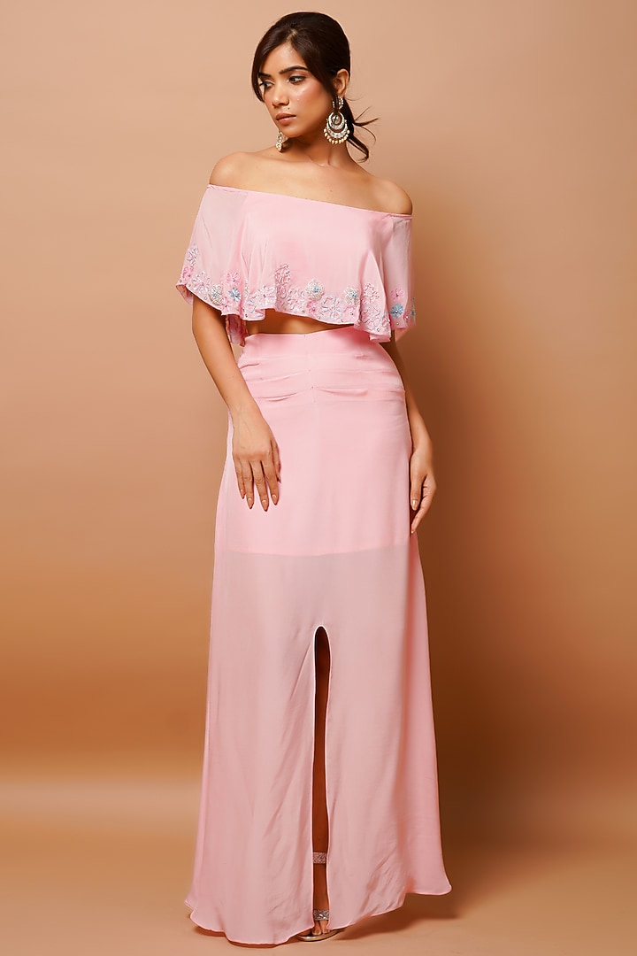 Baby Pink Heave Crepe Skirt Set by AHI CLOTHING at Pernia's Pop Up Shop