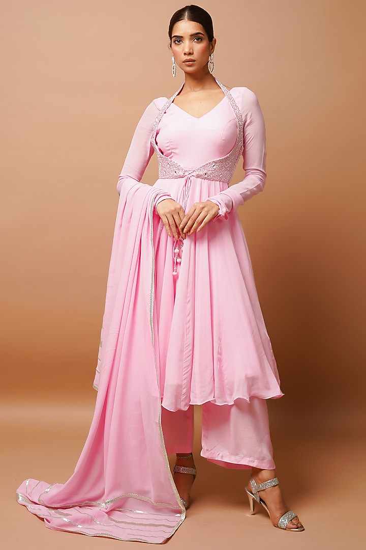 Baby Pink Heavy Georgette Embroidered Party Wear Anarkali Set by AHI CLOTHING at Pernia's Pop Up Shop