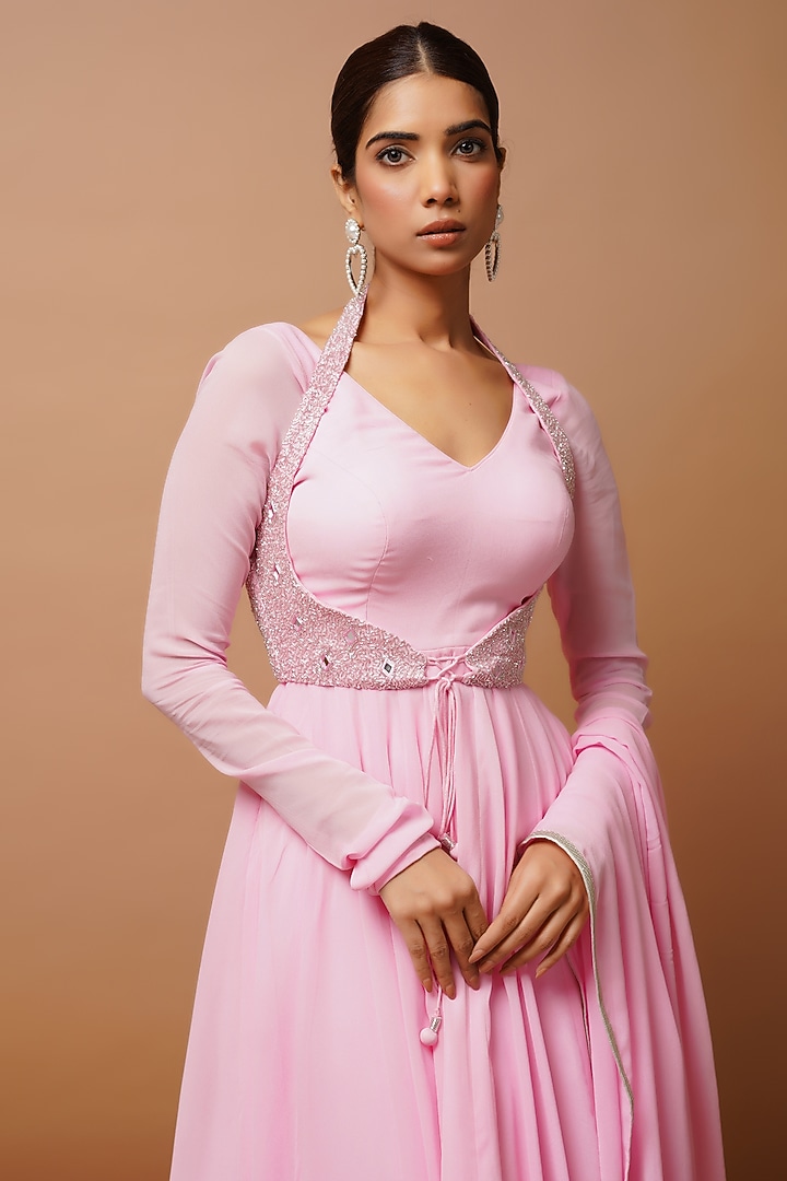Baby Pink Heavy Georgette Embroidered Party Wear Anarkali Set by AHI CLOTHING at Pernia's Pop Up Shop