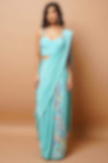 Blue Heavy Crepe Embroidered Pre-Stitched Saree Set by AHI CLOTHING