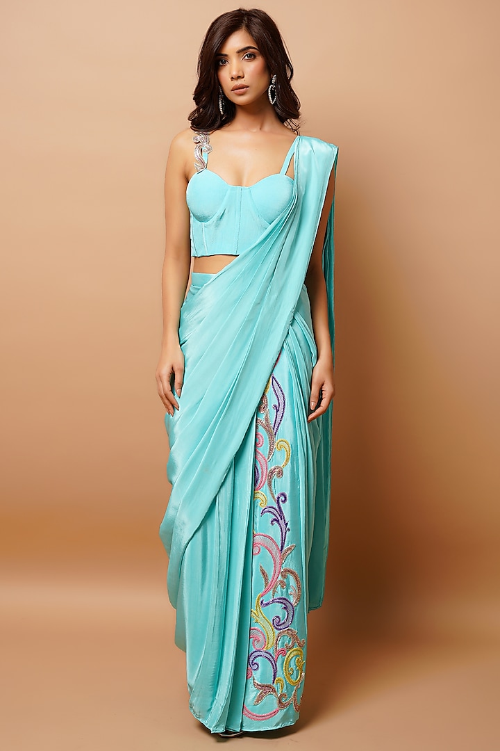 Blue Heavy Crepe Embroidered Pre-Stitched Saree Set by AHI CLOTHING