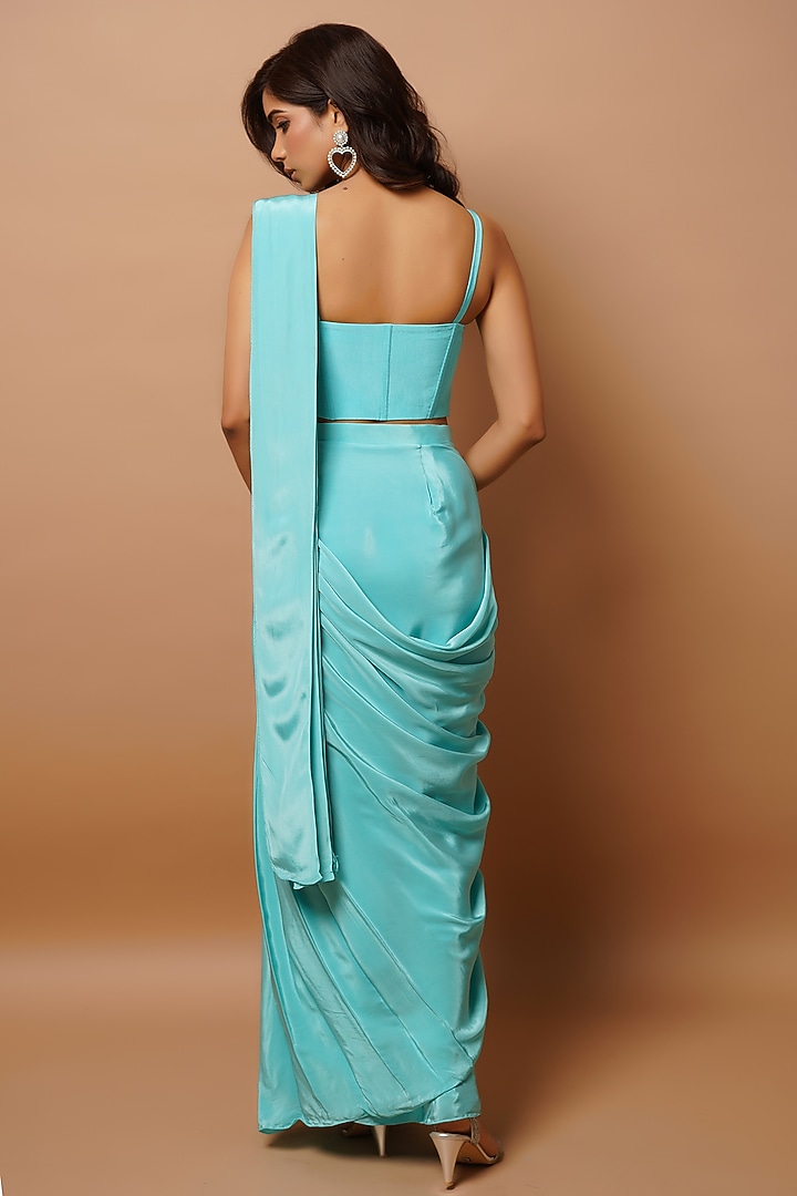 Blue Heavy Crepe Embroidered Pre-Stitched Party Wear Saree Set by AHI CLOTHING at Pernia's Pop Up Shop