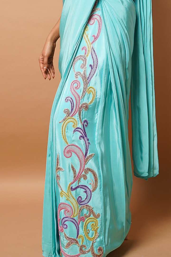 Blue Heavy Crepe Embroidered Pre-Stitched Party Wear Saree Set by AHI CLOTHING at Pernia's Pop Up Shop