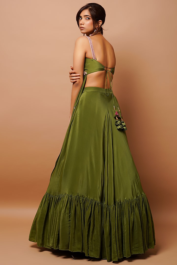 Mehendi Green Heavy Crepe Ruffle Wedding Lehenga Set by AHI CLOTHING at Pernia's Pop Up Shop