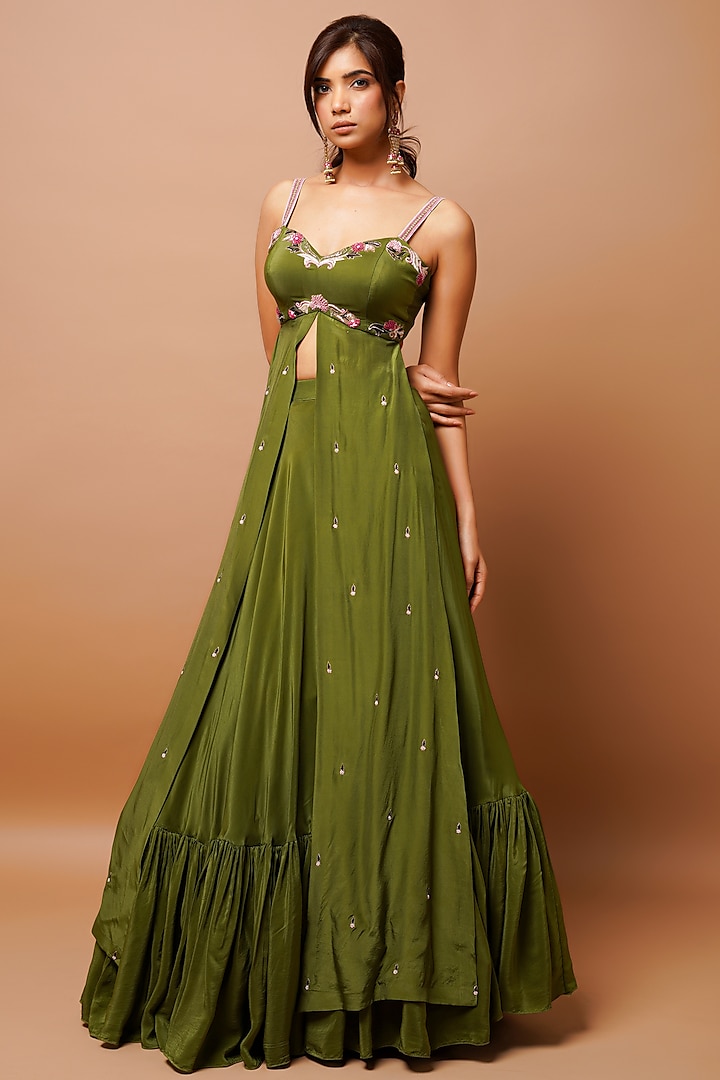 Mehendi Green Heavy Crepe Ruffle Wedding Lehenga Set by AHI CLOTHING at Pernia's Pop Up Shop