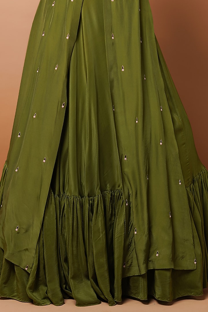 Mehendi Green Heavy Crepe Ruffle Wedding Lehenga Set by AHI CLOTHING at Pernia's Pop Up Shop