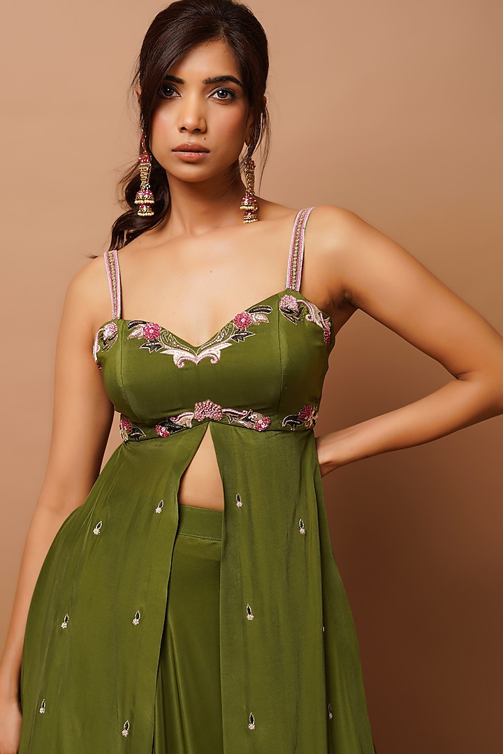 Mehendi Green Heavy Crepe Ruffle Wedding Lehenga Set by AHI CLOTHING at Pernia's Pop Up Shop