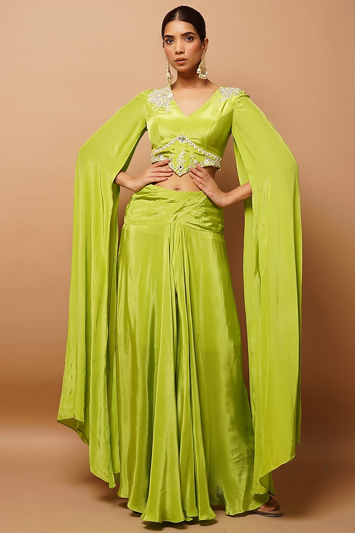 Bright Green Heavy Crepe Skirt Set by AHI CLOTHING