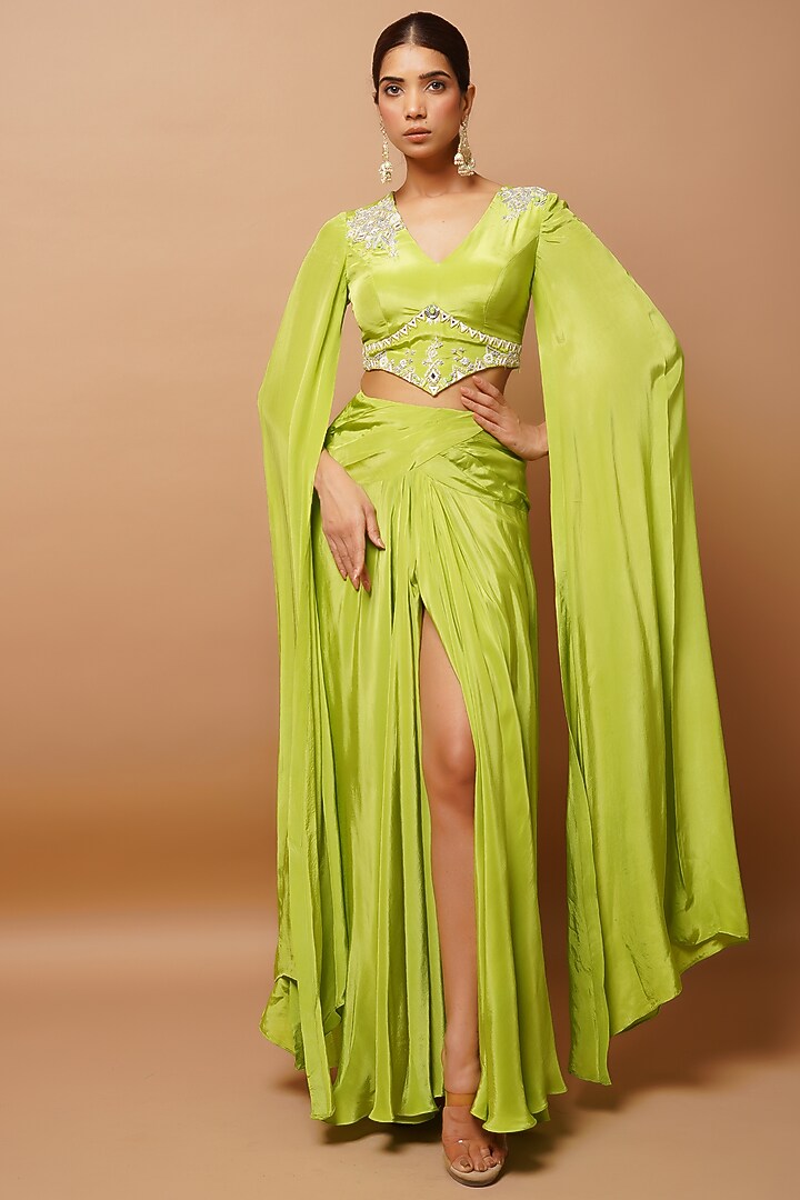 Bright Green Heavy Crepe Skirt Set by AHI CLOTHING at Pernia's Pop Up Shop