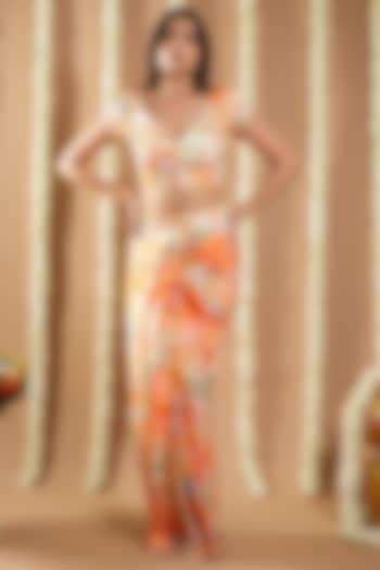 Orange Natural Crepe Digital Printed Draped Skirt Set by AHI CLOTHING at Pernia's Pop Up Shop