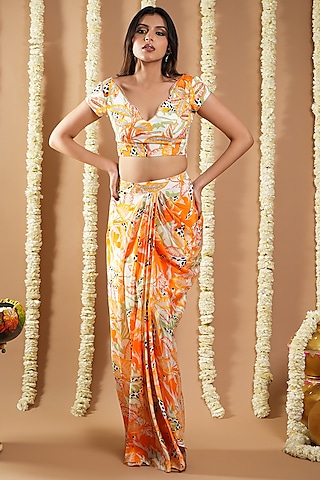 Orange Natural Crepe Digital Printed Draped Skirt Set by AHI CLOTHING