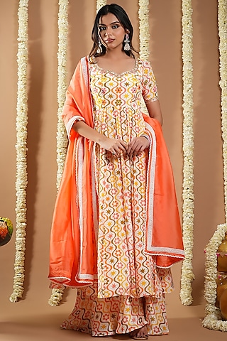 Off-White Natural Crepe Digital Printed & Cutdana Handwork Anarkali Set by AHI CLOTHING