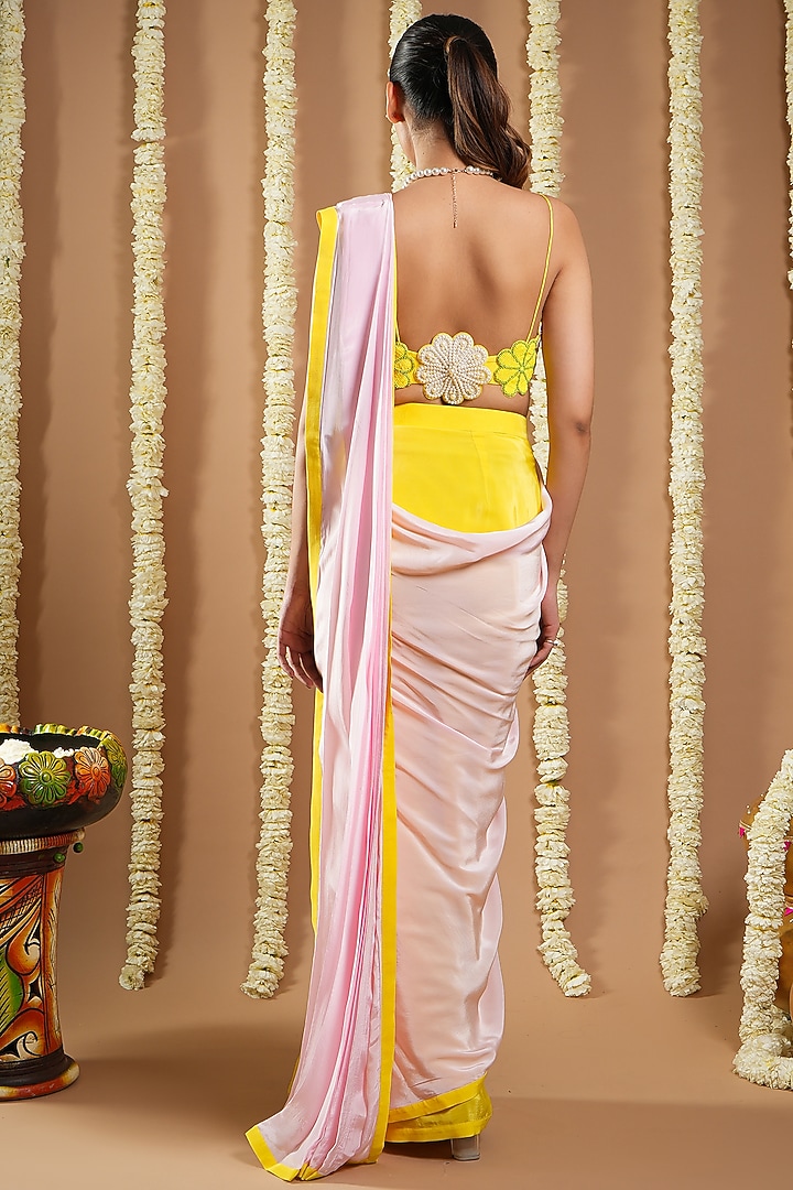 Yellow & Pink Natural Crepe Pre-Draped Wedding Saree Set by AHI CLOTHING at Pernia's Pop Up Shop