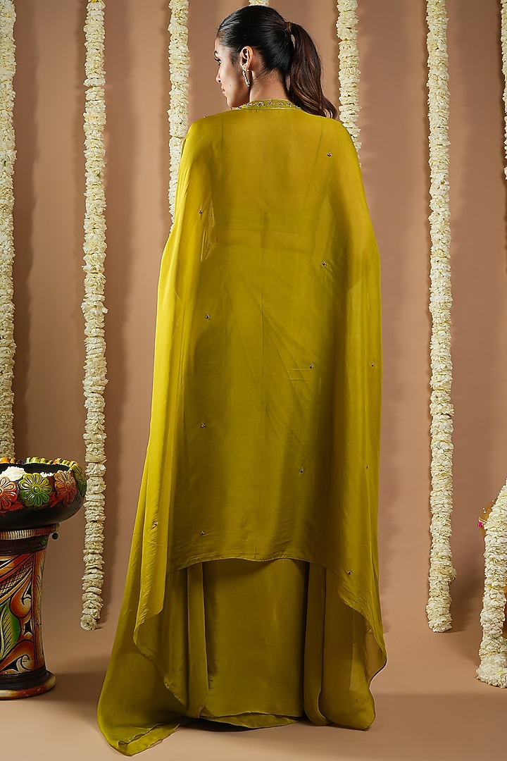 Mehendi Green Natural Crepe Organza Handwork Draped Skirt Set by AHI CLOTHING at Pernia's Pop Up Shop