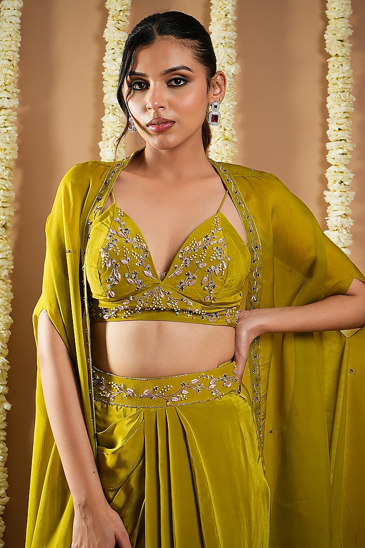 Mehendi Green Natural Crepe Organza Handwork Draped Skirt Set by AHI CLOTHING at Pernia's Pop Up Shop