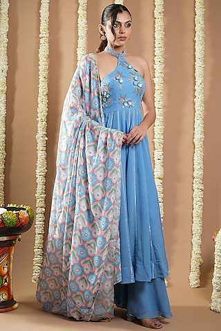 Blue Georgette Digital Printed & Cutdana Handwork Anarkali Set by AHI CLOTHING