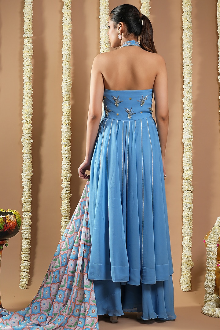Blue Georgette Digital Printed & Cutdana Handwork Wedding Anarkali Set by AHI CLOTHING at Pernia's Pop Up Shop