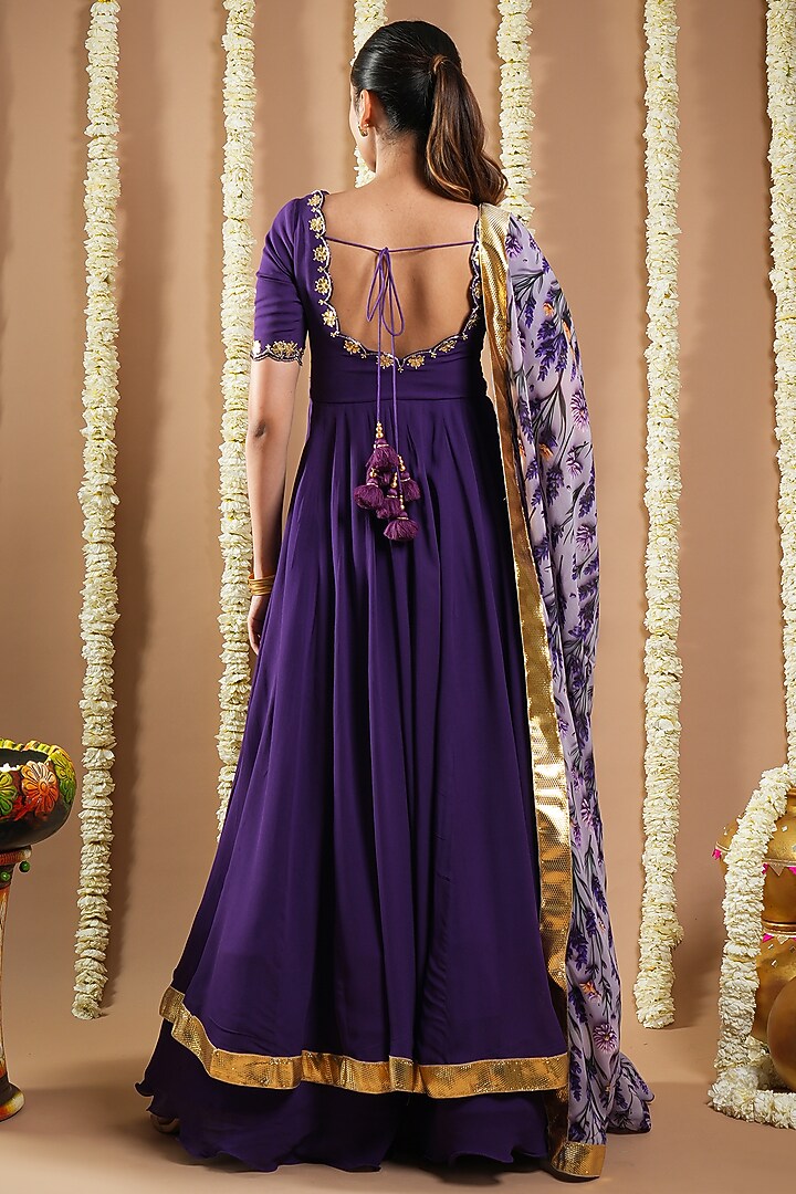 Dark Purple Georgette Cutdana Handwork Wedding Anarkali Set by AHI CLOTHING at Pernia's Pop Up Shop