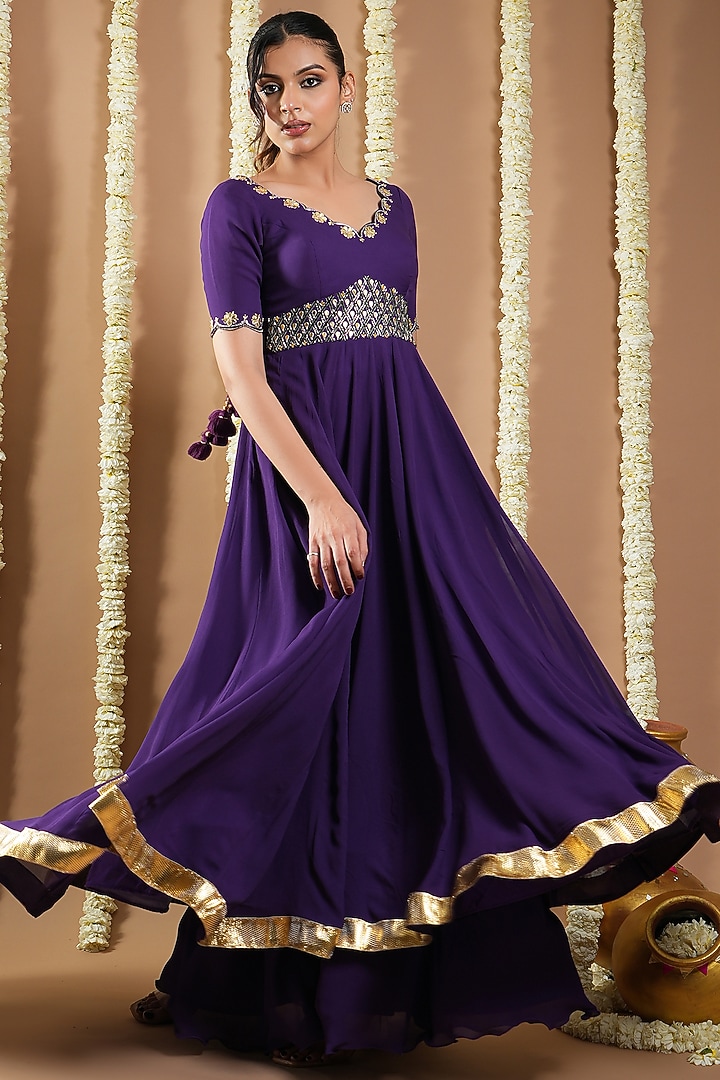 Dark Purple Georgette Cutdana Handwork Wedding Anarkali Set by AHI CLOTHING at Pernia's Pop Up Shop