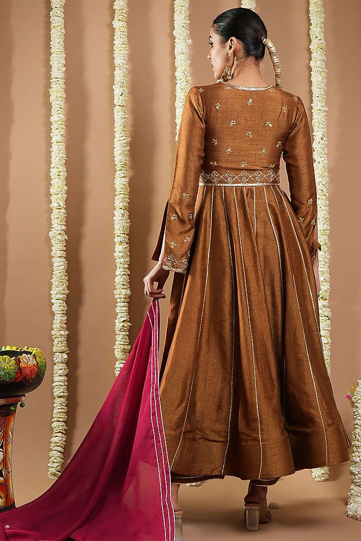 Antique Gold Slub Silk Resham Hand Work Wedding Anarkali Set by AHI CLOTHING at Pernia's Pop Up Shop