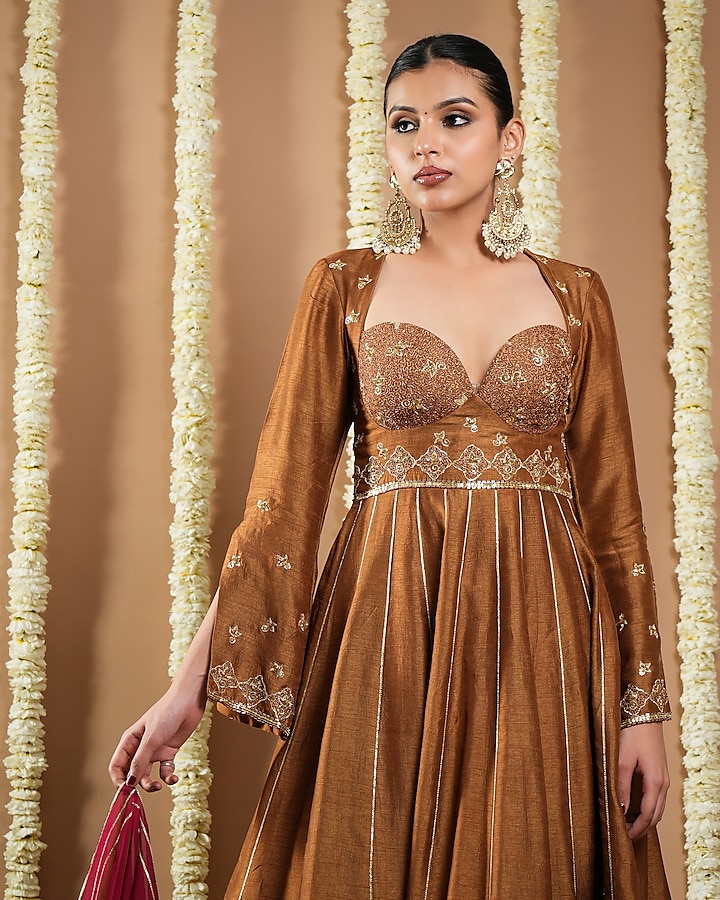 Antique Gold Slub Silk Resham Hand Work Wedding Anarkali Set by AHI CLOTHING at Pernia's Pop Up Shop