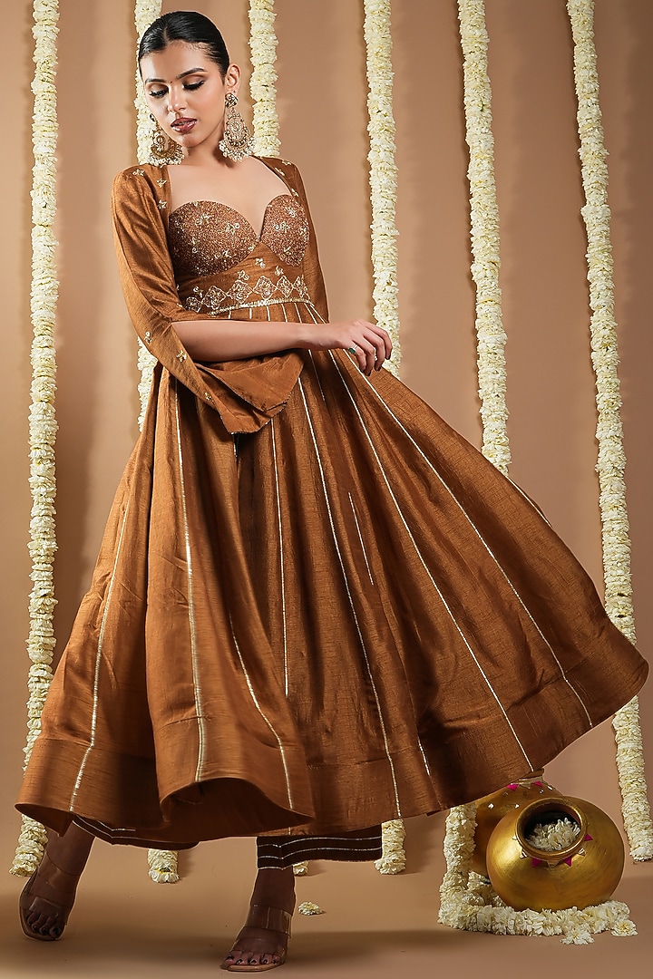Antique Gold Slub Silk Resham Hand Work Wedding Anarkali Set by AHI CLOTHING at Pernia's Pop Up Shop