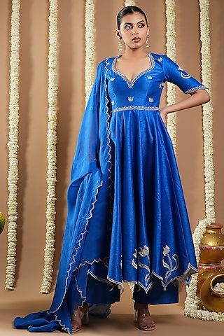 Royal Blue Slub Silk Resham Machine Embroidered Anarkali Set by AHI CLOTHING