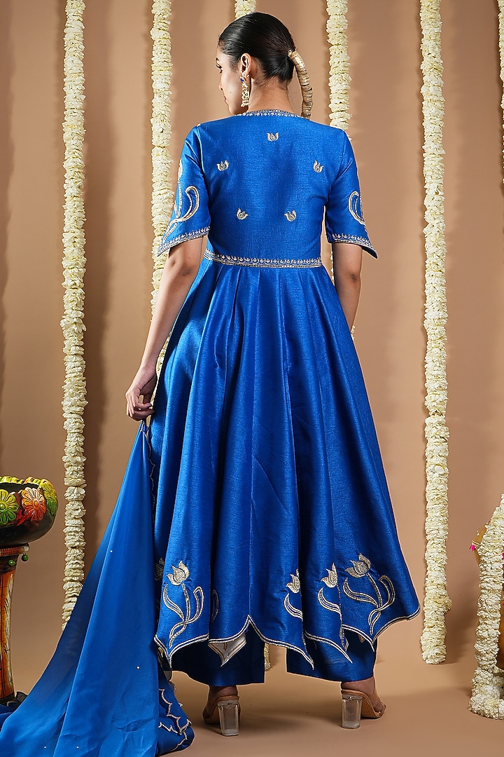 Royal Blue Slub Silk Resham Machine Embroidered Wedding Anarkali Set by AHI CLOTHING at Pernia's Pop Up Shop