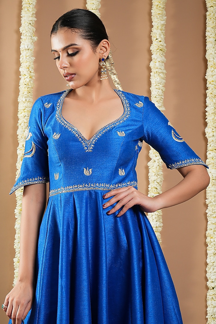 Royal Blue Slub Silk Resham Machine Embroidered Wedding Anarkali Set by AHI CLOTHING at Pernia's Pop Up Shop