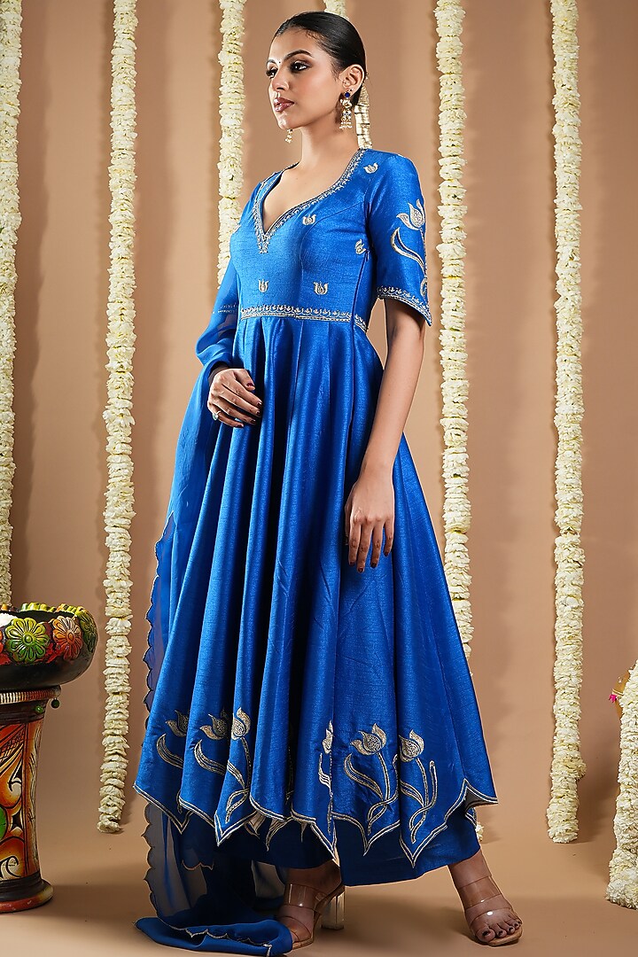 Royal Blue Slub Silk Resham Machine Embroidered Wedding Anarkali Set by AHI CLOTHING at Pernia's Pop Up Shop
