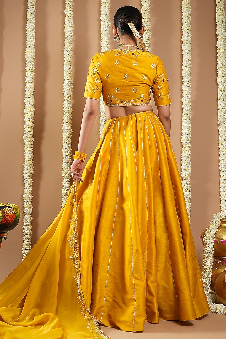 Mustard Yellow Slub Silk Resham Embellished Wedding Lehenga Set by AHI CLOTHING at Pernia's Pop Up Shop