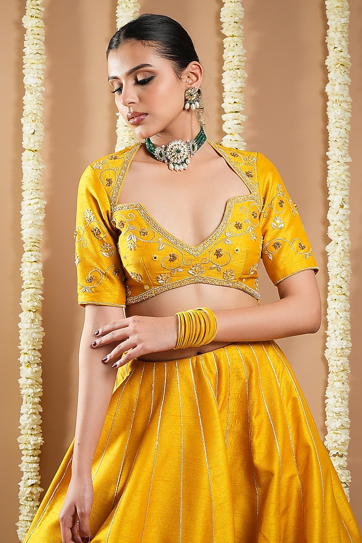 Mustard Yellow Slub Silk Resham Embellished Wedding Lehenga Set by AHI CLOTHING at Pernia's Pop Up Shop