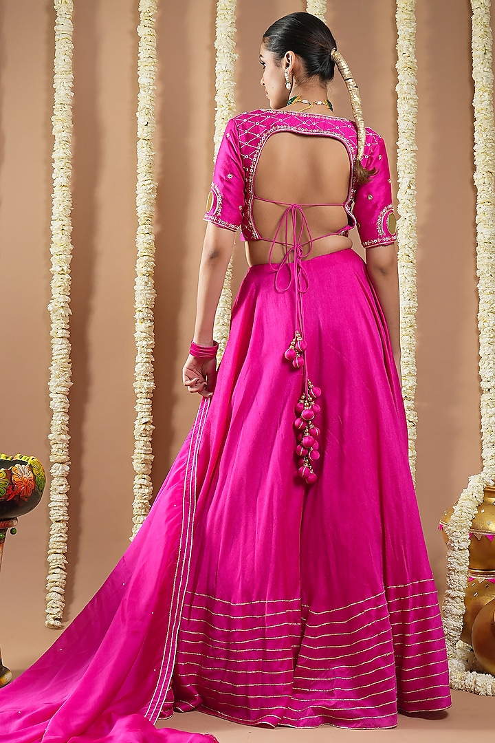 Hot Pink Slub Silk Zari Work Wedding Lehenga Set by AHI CLOTHING at Pernia's Pop Up Shop