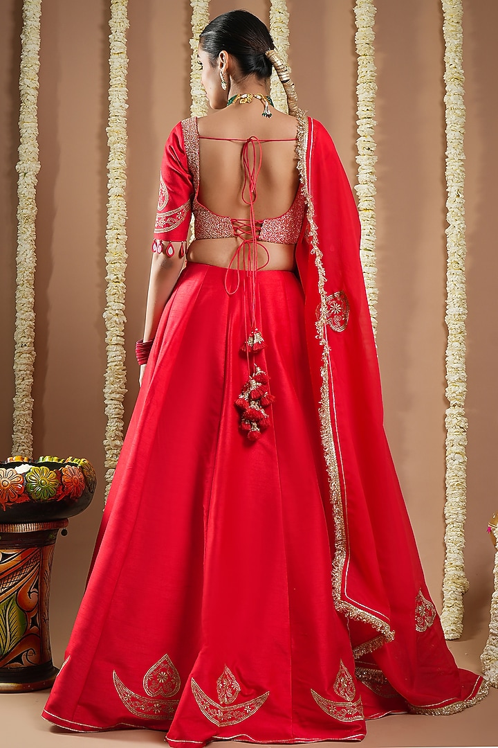 Hot Red Slub Silk Machine Embroidered Wedding Lehenga Set by AHI CLOTHING at Pernia's Pop Up Shop