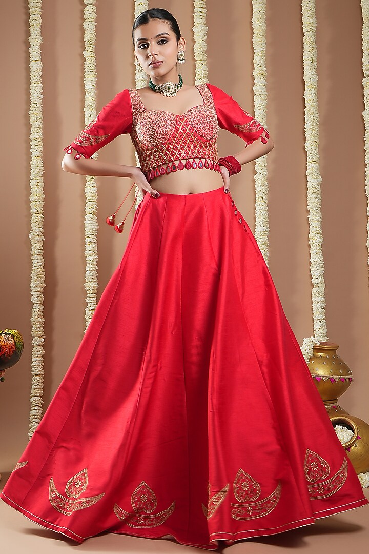 Hot Red Slub Silk Machine Embroidered Wedding Lehenga Set by AHI CLOTHING at Pernia's Pop Up Shop