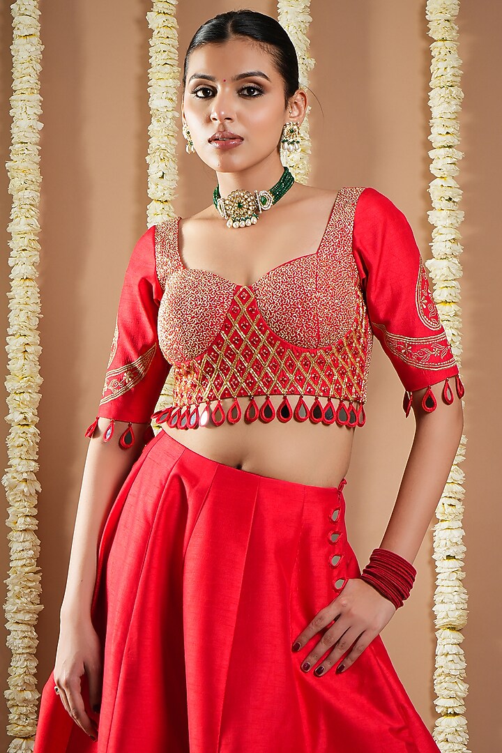 Hot Red Slub Silk Machine Embroidered Wedding Lehenga Set by AHI CLOTHING at Pernia's Pop Up Shop