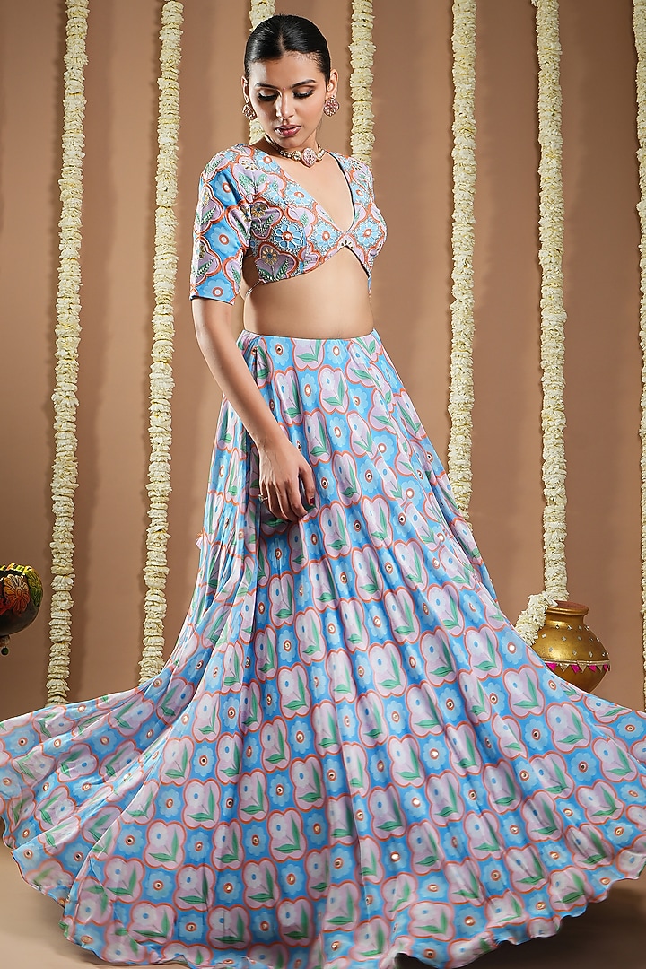 Sky Blue Georgette Digital Printed & Handwork Wedding Lehenga Set by AHI CLOTHING at Pernia's Pop Up Shop