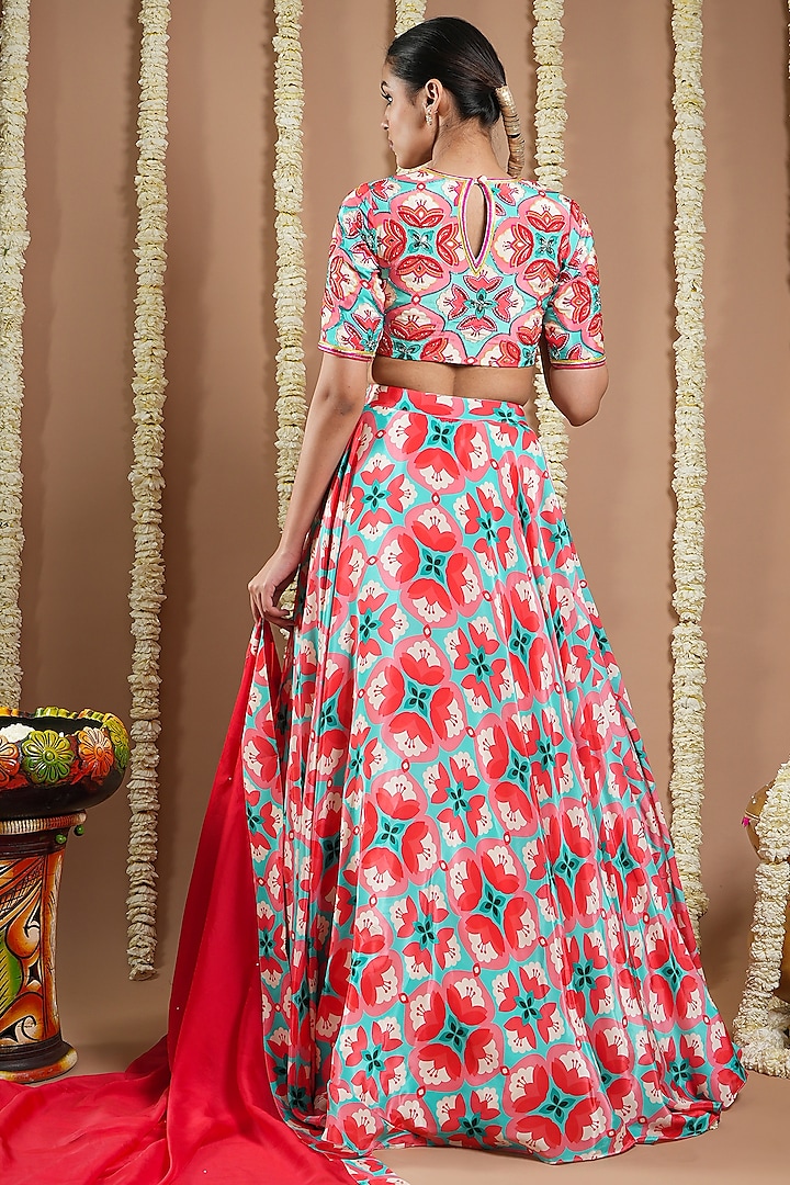 Red Natural Crepe Digital Printed Wedding Lehenga Set by AHI CLOTHING at Pernia's Pop Up Shop