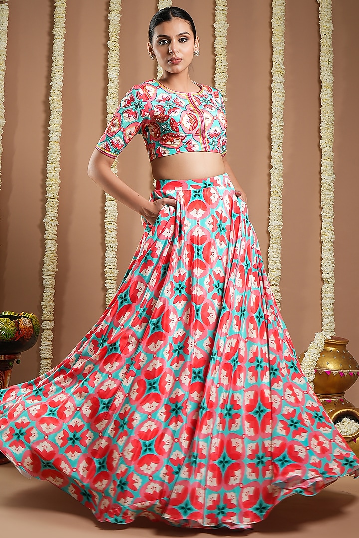 Red Natural Crepe Digital Printed Wedding Lehenga Set by AHI CLOTHING at Pernia's Pop Up Shop