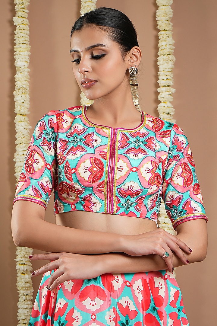 Red Natural Crepe Digital Printed Wedding Lehenga Set by AHI CLOTHING at Pernia's Pop Up Shop