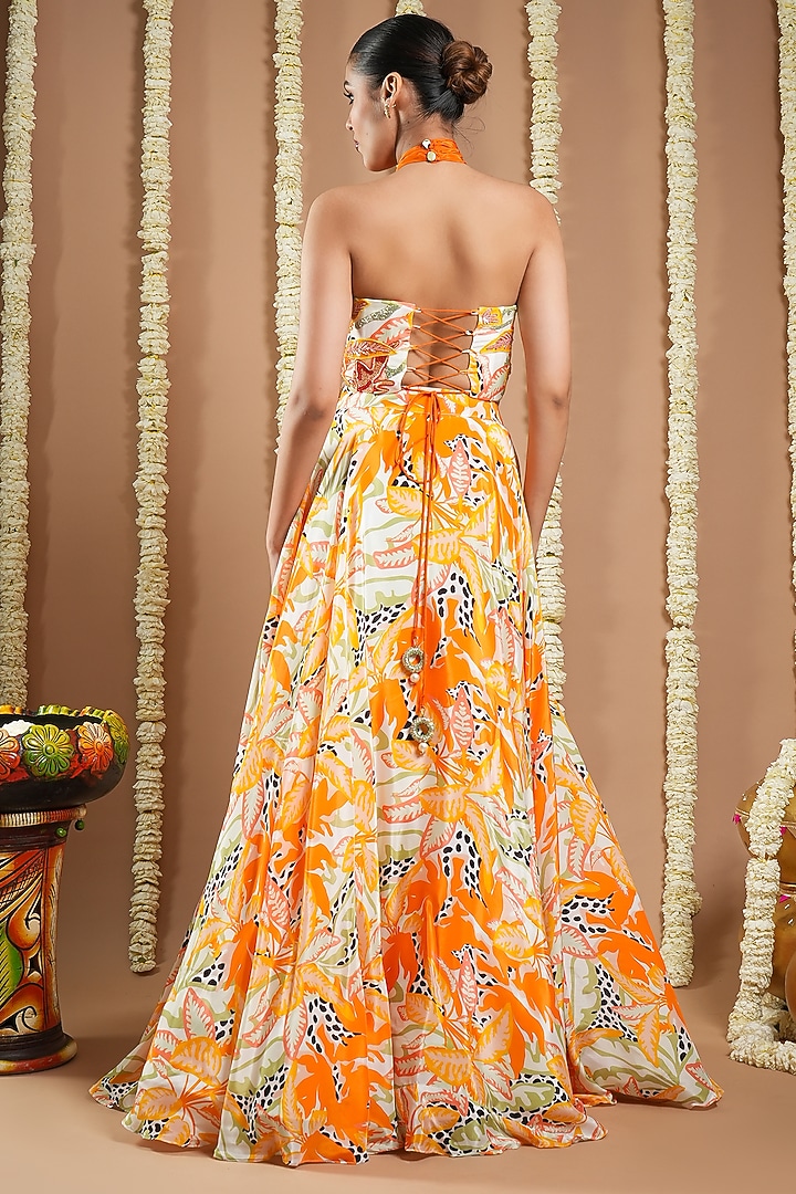 Bright Orange Natural Crepe Digital Printed Wedding Lehenga Set by AHI CLOTHING at Pernia's Pop Up Shop