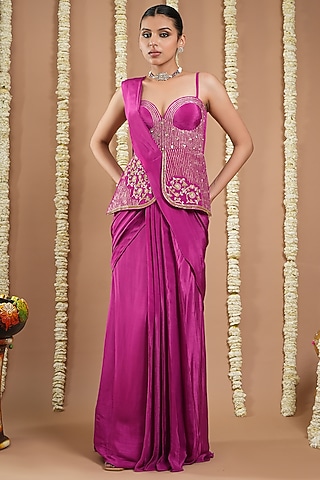 Grape Wine Natural Crepe Pre-Draped Saree Set by AHI CLOTHING