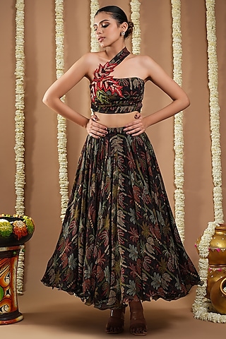 Black Georgette Digital Printed Kalidar Skirt Set by AHI CLOTHING