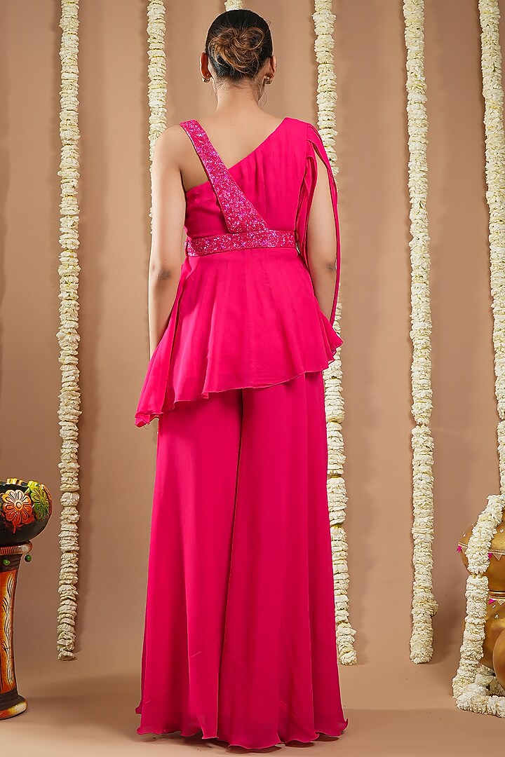 Hot Pink Georgette Cutdana Embellished One-Shoulder Kurta Set by AHI CLOTHING at Pernia's Pop Up Shop