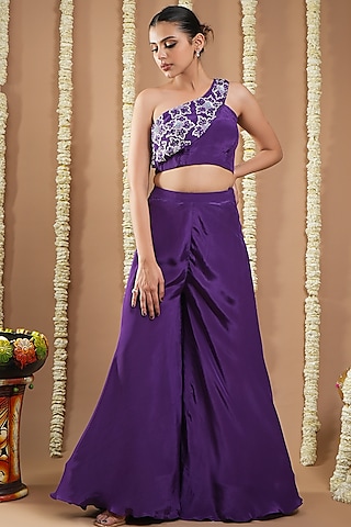 Dark Purple Natural Crepe Cutdana Handwork Palazzo Set by AHI CLOTHING