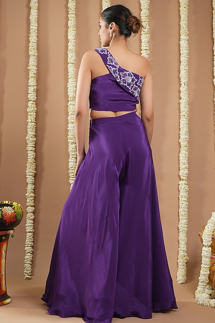 Dark Purple Natural Crepe Cutdana Handwork Palazzo Set by AHI CLOTHING at Pernia's Pop Up Shop