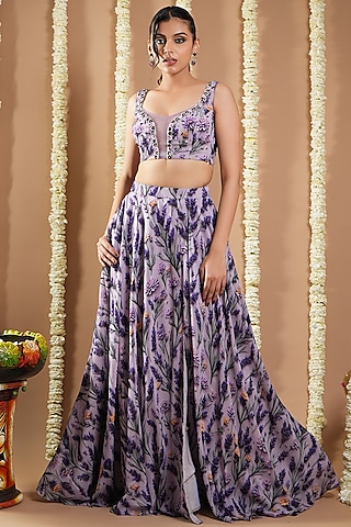 Violet-Lilac Georgette Digital Printed Lehenga Set by AHI CLOTHING