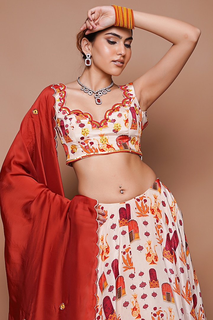Cream Heavy Georgette Digital Printed Wedding Lehenga Set by AHI CLOTHING at Pernia's Pop Up Shop
